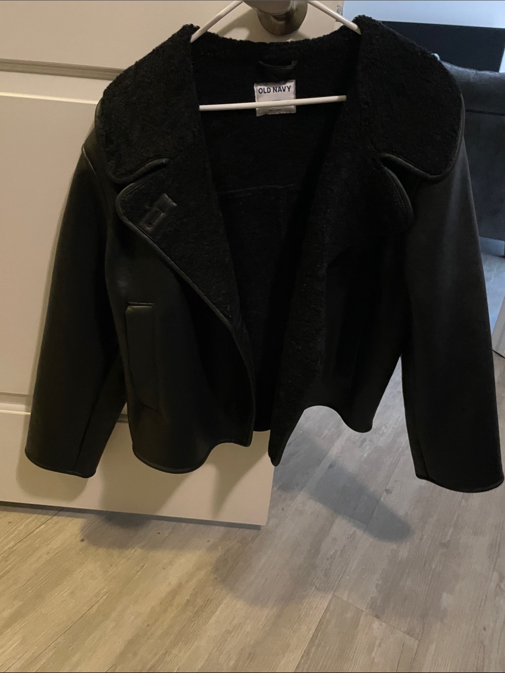 Old Navy Black Faux Leather Shearling Teddy Jacket Size Petite L